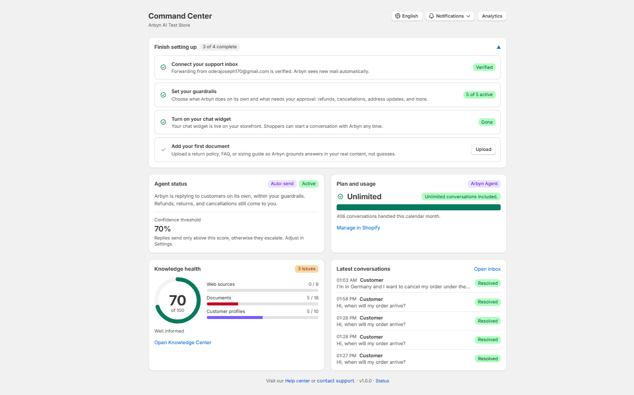Setting Up Arbyn on Shopify: What Happens in Your First 10 Conversations