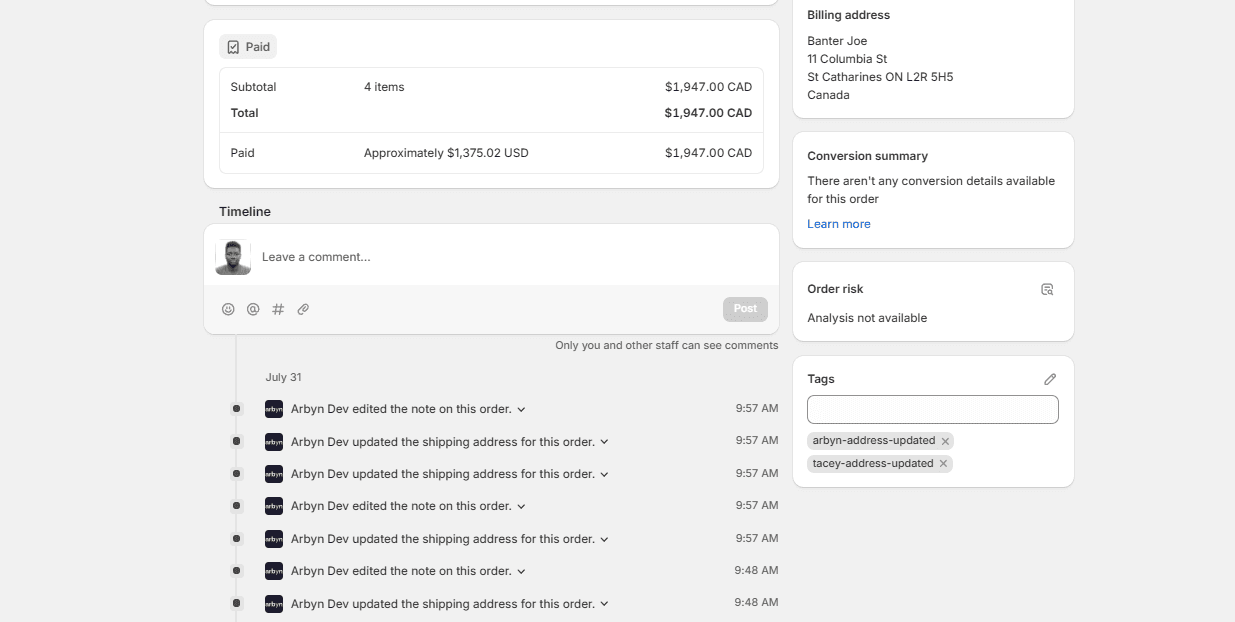 What Arbyn Writes to the Shopify Order Timeline, and Why It Matters